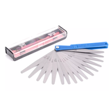 Feeler gauge set with gauge sheets ranging from 0.02 to 1.00 mm for valve clearance