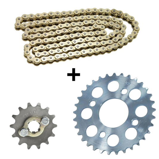 Chaîne (420) + Pignon arrière (4 trous) + pignon avant Dax - ensemble complet