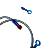 Stahlflex-Bremsleitung 92 cm – mit blau/rot eloxierten Banjo-Anschlüssen.