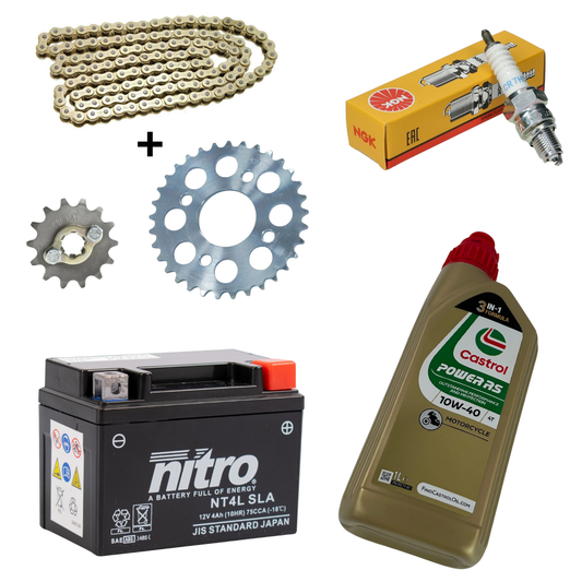 Complete onderhoudsset - Batterij 12 volt, CR7HSA bougie, oliebus 10W-40, ketting en tandwielen